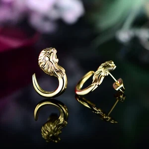 18K Yellow Gold Plated Earrings By Peermont Jewelry Horn Lion Viking - Picture 1 of 2