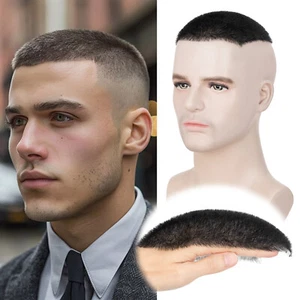 Men Toupee Short 1cm Buzz Cut Remy Human Hair Skin PU Bald Head Hairpiece System - Picture 1 of 18