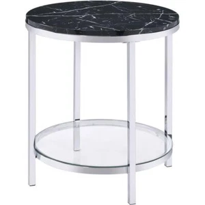 ACME Virlana Round Faux Marble Top End Table with Metal Base in Black and Chrome - Picture 1 of 6