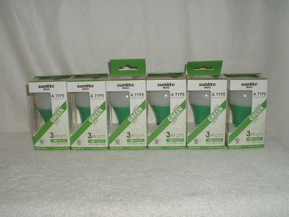 Box of 6 Sunlite LED A Type Medium Base GREEN Light Bulb 3 Watts 80146 - Image 1 of 1