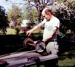1964 Man Repairing Lawn Mower in Backyard Ektachrome 127 Color Slide - Picture 1 of 2