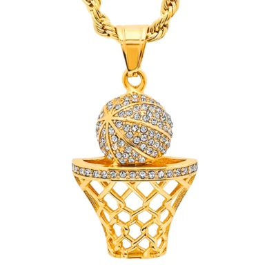 Gold Tone Iced CZ Basketball in Hoop Net Pendant – Sports Fashion (No Chain) - Image 1 of 4