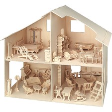 Ab 6 Jahre Kinder Holz Bausatz Puppenhaus + Möbel 40 x 37 cm 4 Zimmer auf 2 Eta.