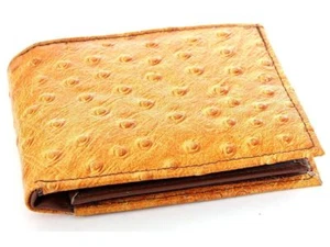 Men's Leather Bifold  Wallet Ostrich Print W/card Slots-Tan - Picture 1 of 5