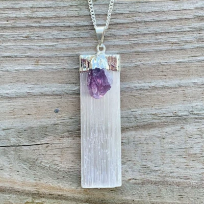 Selenite Amethyst Chakra Crystal Pendant CHARGED 925 Sterling Silver Necklace He - Image 1 of 4
