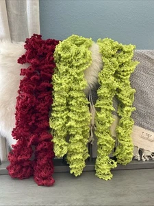 Youth Handmade Knitted 2 Neon Green & Dark Red Ruffle Ruffled Scarf Lacy - Picture 1 of 6