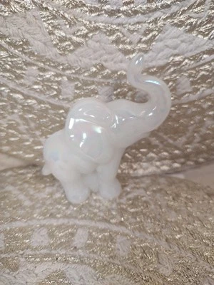 White Elephant FENTON Art Glass Opalescent Figurine Trunk Up Signed Glows Pink - Image 1 of 4