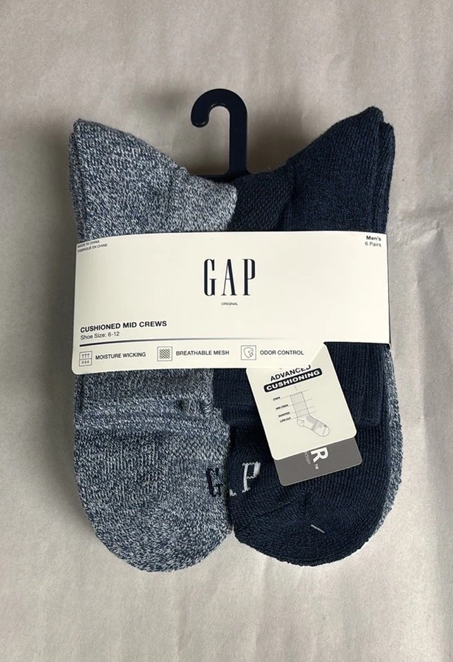 Gap Socks Men’s 6 Pair Blue & White Cushioned Mid Crews Casual Activewear