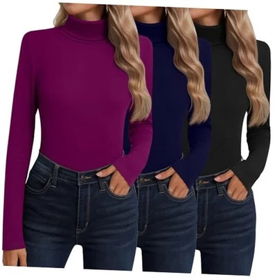  Paquete de 3 algodón para mujer cuello alto manga larga grande negro, azul marino, fucsia Foto 1 de 4