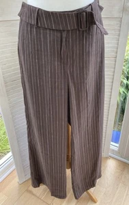 M&S Linen-Blend Chocolate Brown Pinstripe Wide Leg Trousers UK 10 BNWT RRP £39 - Picture 1 of 7