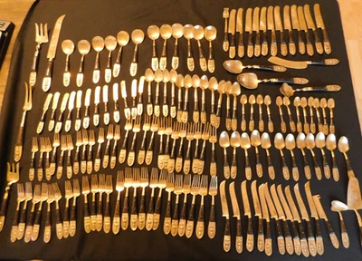 Set posate vintage anni 50 MCM Siam bronzo legno 143 pezzi Buddha Thailandia - Immagine 1 di 4