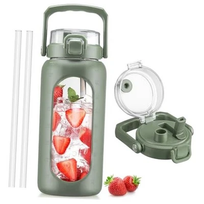  64oz Glass Water Bottle with Handle and Straw, Motivational 64 Ounces Olive - Image 1 of 4