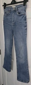ZARA blue Stretch Denim Cropped Dreed Flare Cropped Button Fly Jeans 4 - Picture 1 of 7