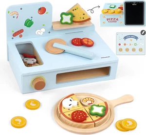 Wooden Pizza Toy Set,Kids Pretend Play Food for Kitchen,Wooden Pizza Counter Pla - Picture 1 of 6