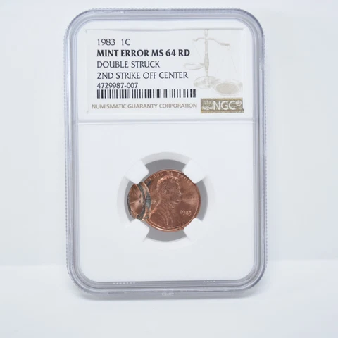 1983 Lincoln Cent Mint Error Double Struck 2nd Strike Off Center NGC MS64 RD Cover