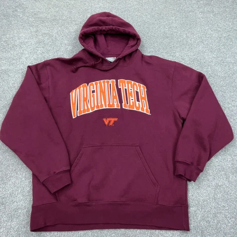 Virginia Tech Hokies Hoodie Men Large Maroon Sweatshirt Sweater Spell Out Adult Cover