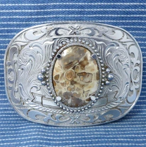 Western Belt Buckle Floral Scroll Cowboy Cream Jasper Cowgirl Vtg 80s .BMW872 - Picture 1 of 7