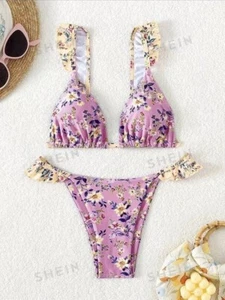 SHEIN Swim purple cream ditsy floral Triangle Bikini Swimsuit set ruffle Sz XL - Picture 1 of 3