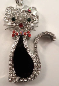 Rhinestone Bling Cat Kitten With A Bow Collar Key Chain Purse Fob - Picture 1 of 3