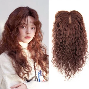 Women Curly Real Human Hair Silk Base Topper Bangs  Large Base Top  Wiglet - Picture 1 of 12