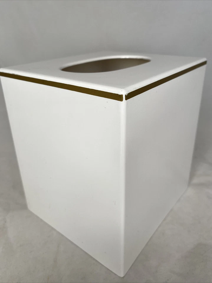 Fifth Avenue Tissue Box Cover White Plastic Gold Band Made In Taiwan - Image 1 of 4