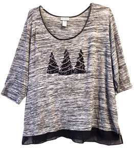 CATHERINES Gorgeous Marled Gray 4X-5x Rayon Knit Top w/S[arkling Black Fir Trees - Picture 1 of 8