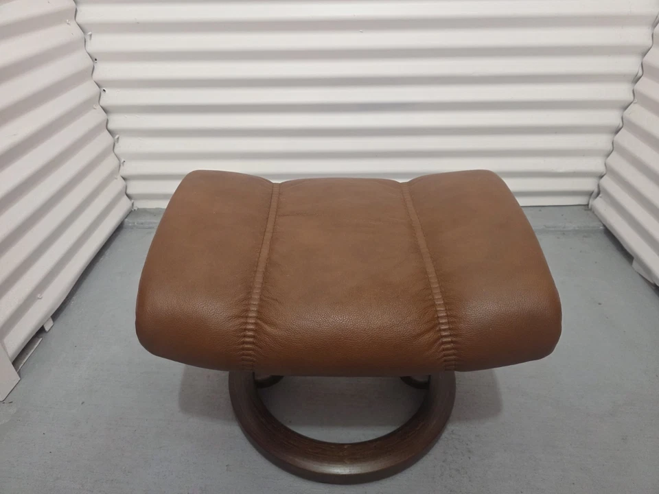 Ekornes Stressless Burnt Orange Colored Leather Ottoman | Tilt Function | Wood - Image 1 of 4