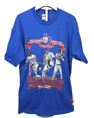 Vintage 90s Nutmeg Mills Texas Rangers Triple Threat Graphic T-shirt Sz XL Blue - Image 1 of 4