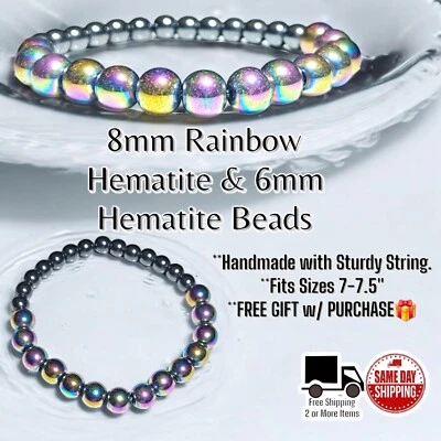 8mm Rainbow + 6mm Hematite Beaded Bracelet Wrist Sz 7-7.5 Hand Made + FREE GIFT  - Image 1 of 2