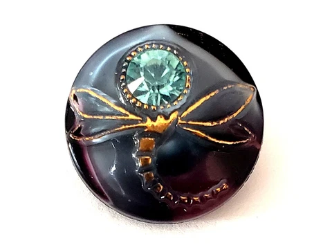 Vintage German Glass Moonglow Button- Dragonfly w Blue Paste Rhinestone-11/16" Cover