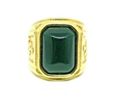 18K золото из нержавеющей стали зеленый нефрит дракон кольцо - квадратный жадеит унисекс sz 10,5 - Изображение 1 из 4