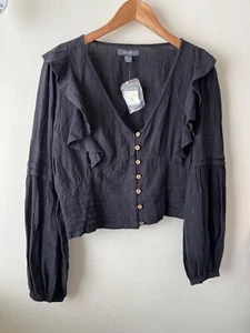 Primark Top Size 14 Black Long Sleeve Cotton Button Pleated Ruffle Casual - Picture 1 of 8