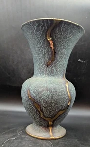 RARE Vintage MCM Jasba Keramik Jaspatina Bud Vase Turquoise Gold-Germany 12" - Picture 1 of 10
