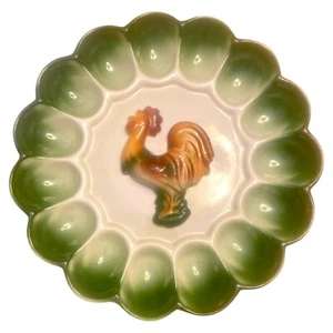 Vintage MCM Mid Century Deviled Egg Tray Plate Ceramic 3D Rooster Green - Picture 1 of 4