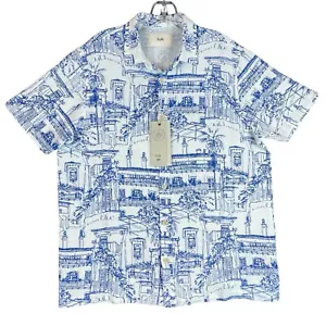 NWT NEW $155 FOLK Shirt Mens S Blue White City Art Beach Woven Short Sleeve - Picture 1 of 12
