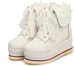 Hilib Damen süße Lolita Stiefel Cosplay Brogue Keilabsatz Stiefel weiß Größe (4) - Bild 1 von 6
