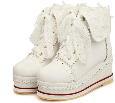 HILIB Para Mujer Lindas Botas Lolita Juegos con disfraces Brogue Botas de Cuña Blanco Talla (4) Foto 1 de 4