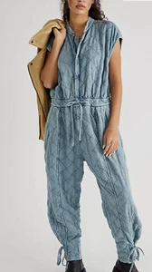 Free People Betty Coverall Embroidered Diamond Pattern Cinched Hem Blue S NWT - Picture 1 of 5