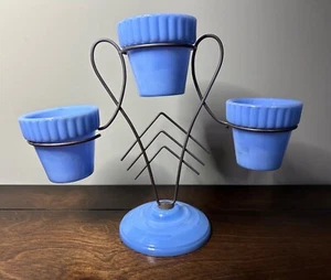 Akro Agate | Wire Metal Stand w 3 Blue Slag Glass Flower Pots Amazing Condition - Picture 1 of 3
