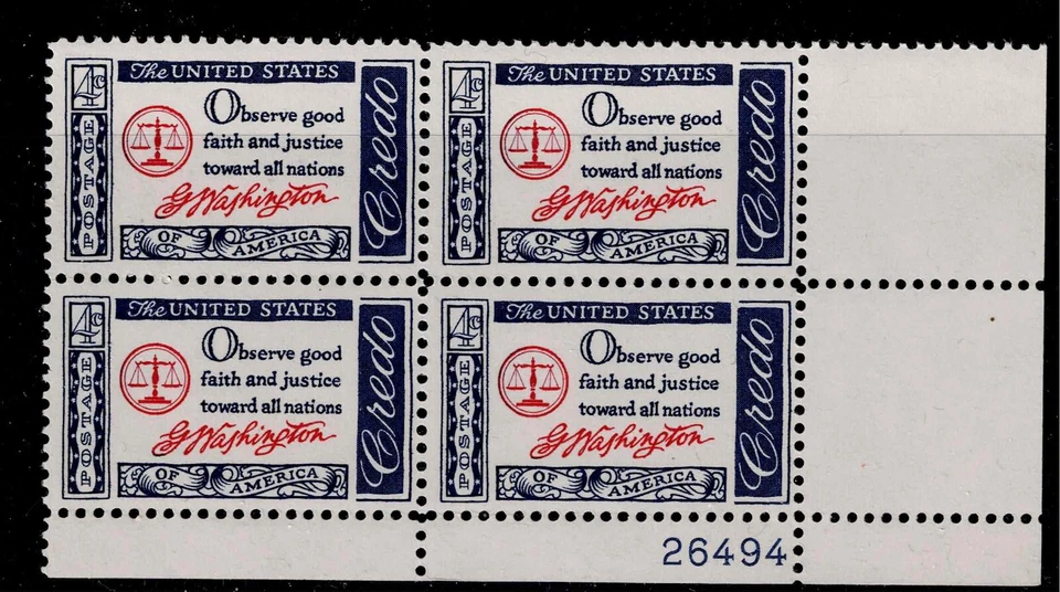 US Scott #1139, Plate Block #26494 1960 Washington 4c FVF MNH Lower Right - Image 1 of 1