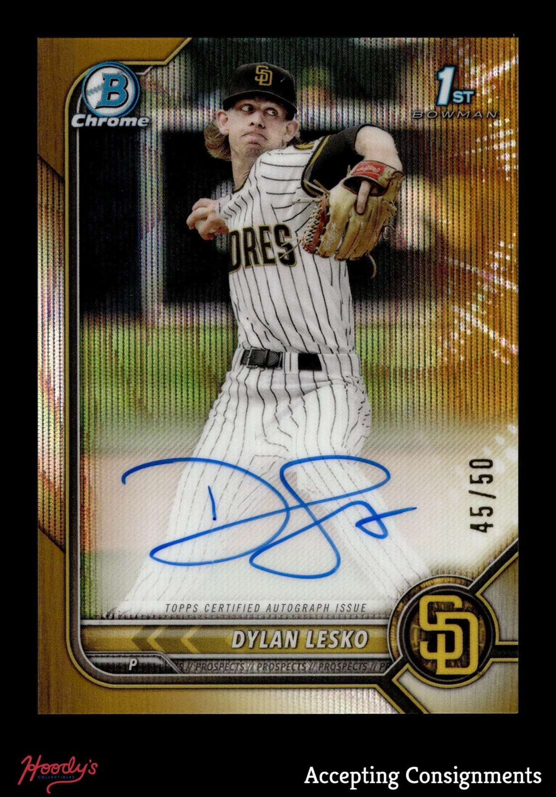 2022 Bowman Chrome Draft Gold Wave Refractor Dylan Lesko 45/50 ROOKIE 1st AUTO