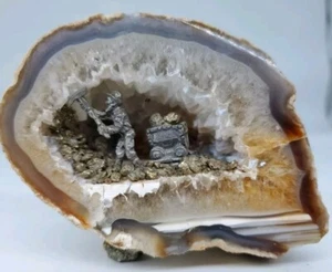 Geode With Miner Diorama 3.5 Inch Display Pyrite In A Wagon Rock Mineral Vintage - Picture 1 of 9