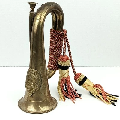 Vintage brass and copper bugle with braided handle/tassels Has Wear  - Image 1 of 4