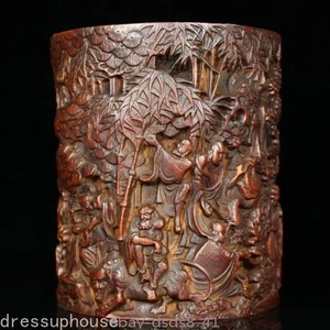 Chinesischer Holz Pinseltopf alt Bambus geschnitzt Buddha Arhat Stifthalter Sammlung - Bild 1 von 4