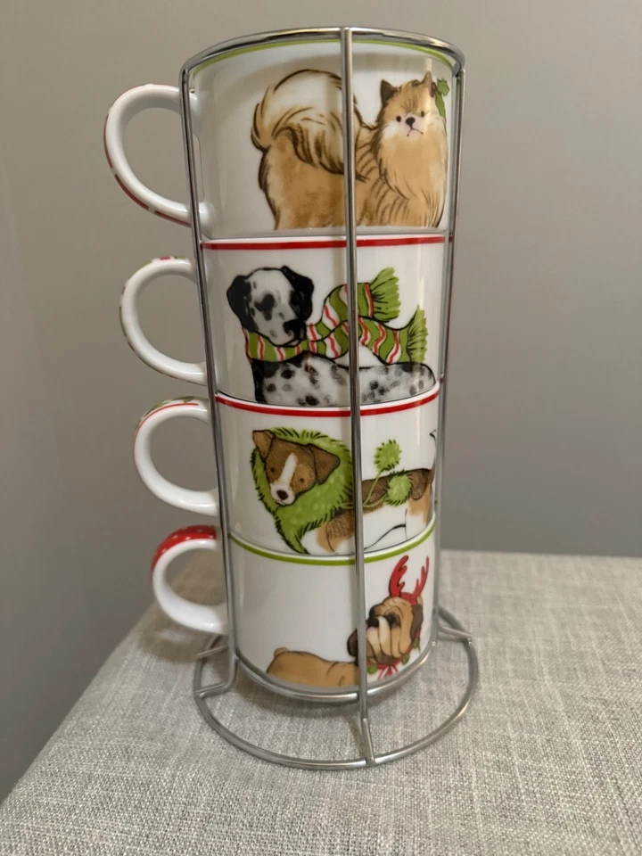 ❄️Pier 1 进口公园 AVENUE PUPPIES 圣诞节 8 盎司可堆叠马克杯套装和机架狗 — 第 1/4 张图片