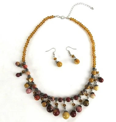 Collar Cuentas Babero Cuentas Con Pendientes A Juego Tonos Tierra Marrón Nueva Joyería Foto 1 de 4