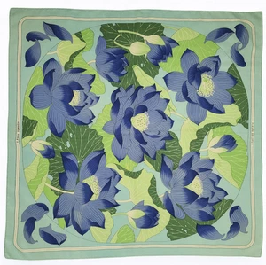 Vintage Hermes Carre Fleurs De Lotus Scarf Flower Blue Green Multicolor - Picture 1 of 5
