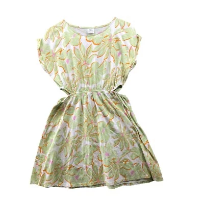 Zara Girls 13-14 Summer Dress Cut Out Sides Palm Print Green Cotton Tropical - Image 1 of 4