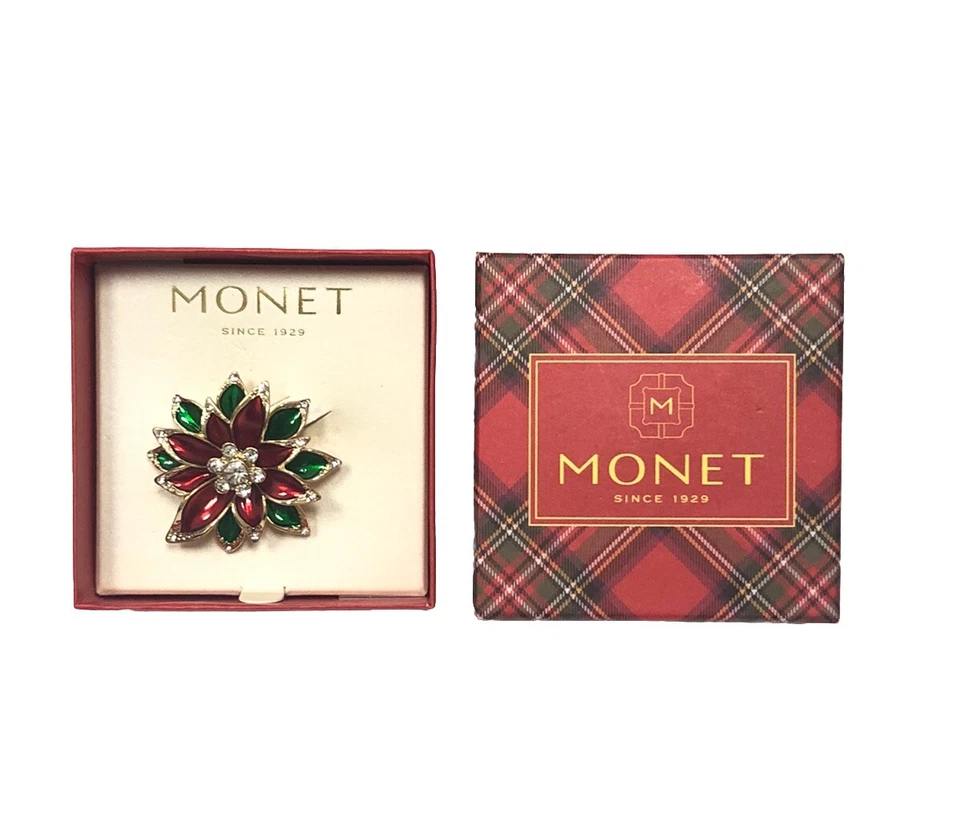 Monet Poinsettia Christmas Pin Brooch in Bo” Across Gift Box