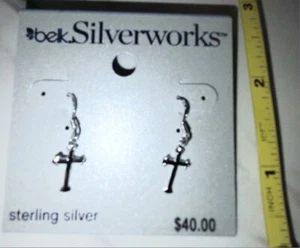 STERLING SILVER CROSS Dangle Drop Hook Wire Pierced earrings. belk SILVERWORKS   - Picture 1 of 5